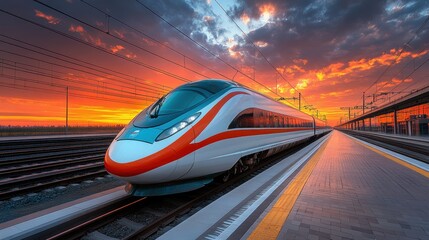 A sleek, modern high-speed train captured at a train station with a stunning sunset backdrop, highlighting the blend of advanced technology and scenic beauty