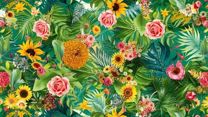 Fototapeta premium Seamless summer pattern with flowers and leaves on green background.