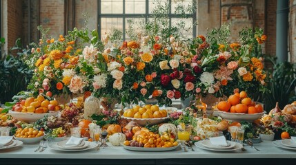 Obraz premium A bountiful feast table elegantly adorned with fresh fruits and vibrant floral arrangements in a well-lit, rustic setting