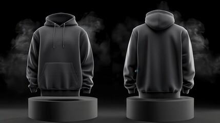 Mockup 3D Render of navy blue hoodie, showing both the front and back of the shirt on a pedestal, black background with smoke