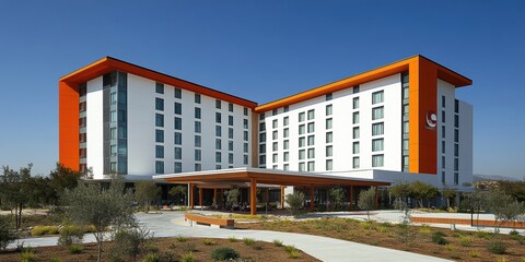Naklejka premium A modern six-story white building with vibrant orange accents stands prominently under a clear blue sky, surrounded by meticulously landscaped greenery and outdoor furniture