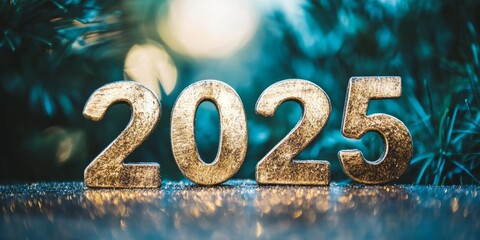Rustic golden numbers 2025 in a wintery setting, surrounded by pine branches, representing the holiday season and new year celebration.