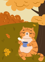 orange cat drinking cup of tea in park