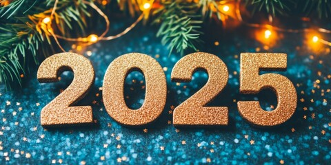 Golden glitter 2025 numbers shining with festive lights and star confetti, perfect for a joyful new year celebration.