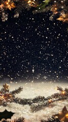 Merry Christmas and Happy New Year holiday poster banner. Xmas border frame. Glittering Christmas ornaments and twinkling lights on a snowy pine tree soft falling snow creating a magical winter scene.