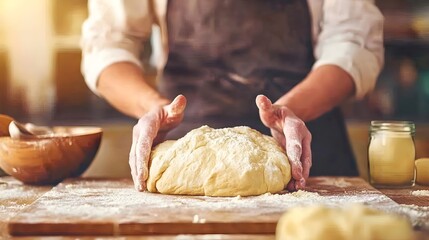 A baker preparing fresh dough on a wooden countertop, surrounded by flour and kitchen tools, showcasing the art of bread making.