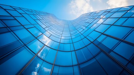 Obraz premium A blue sky frames a modern glass building with curved architecture, reflecting sleek lines in a minimalist design, capturing abstract geometric shapes in an urban landscape.