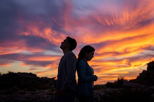 A couple silhouette background looking in different direction , in marriage clash and about to get divorce or to separate, woman and man separation or breakup partner feel unhappy of conflict fight