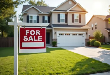 Real estate sign in front of house for sale in nice suburban neighborhood