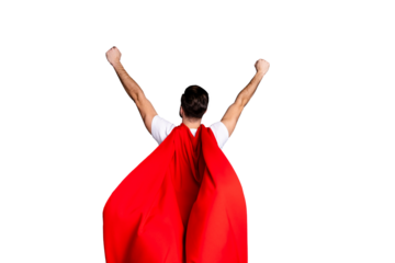 Rear back behind view portrait of his he nice cool perfect strong content macho powerful guy goal purpose rising hands up wind blows mantle isolated over gray violet purple pastel background