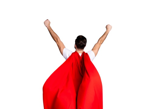 Rear back behind view portrait of his he nice cool perfect strong content macho powerful guy goal purpose rising hands up wind blows mantle isolated over gray violet purple pastel background