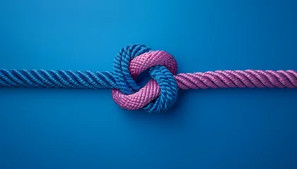 ropes of different colors tied into a knot, blue background, concept of infinity and connection, relationships and friendship, symbolizing unity and strength, teamwork and partnership © StellaPattaya