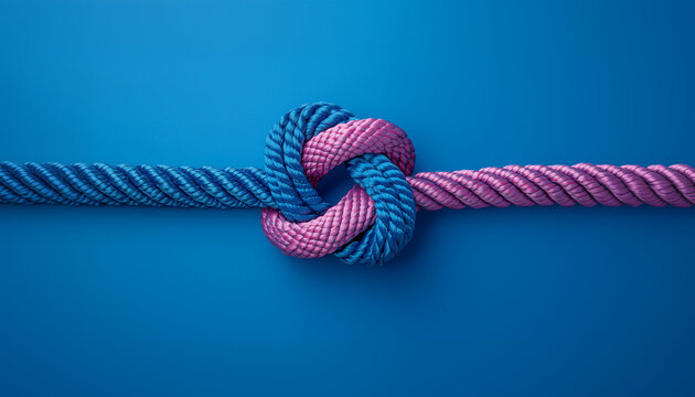 ropes of different colors tied into a knot, blue background, concept of infinity and connection, relationships and friendship, symbolizing unity and strength, teamwork and partnership