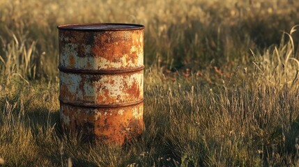 Obraz premium A beautifully lit, ultra-realistic image of a weathered, rusted 55-gallon oil drum in a rugged outdoor environment