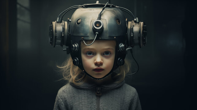 Kind mit gro&szlig;em technischem Helm auf dem Kopf vor dunklem Hintergrund. Konzept: Gedankenkontrolle bei Kindern. Surreale Illustration