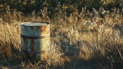 Obraz premium A beautifully lit, ultra-realistic image of a weathered, rusted 55-gallon oil drum in a rugged outdoor environment