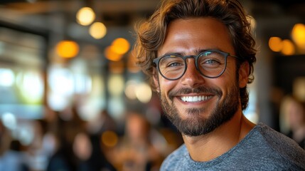 Fototapeta premium Smiling man with glasses in a casual setting surrounded by a warm ambiance and blurry background crowd, emitting a cheerful and friendly vibe