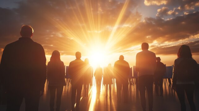 A creative depiction of voters stepping into bright beams of light as they approach the voting booth