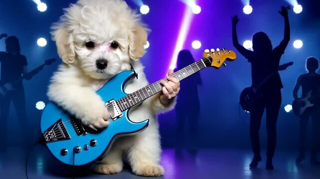 Cute Puppy Playing Electric Guitar on Stage at a Lively Concert Generative AI