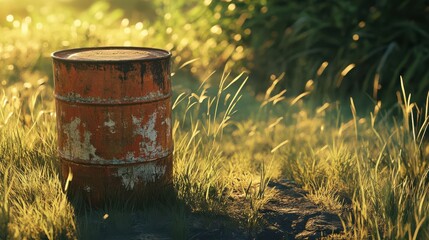 Obraz premium A beautifully lit, ultra-realistic image of a weathered, rusted 55-gallon oil drum in a rugged outdoor environment