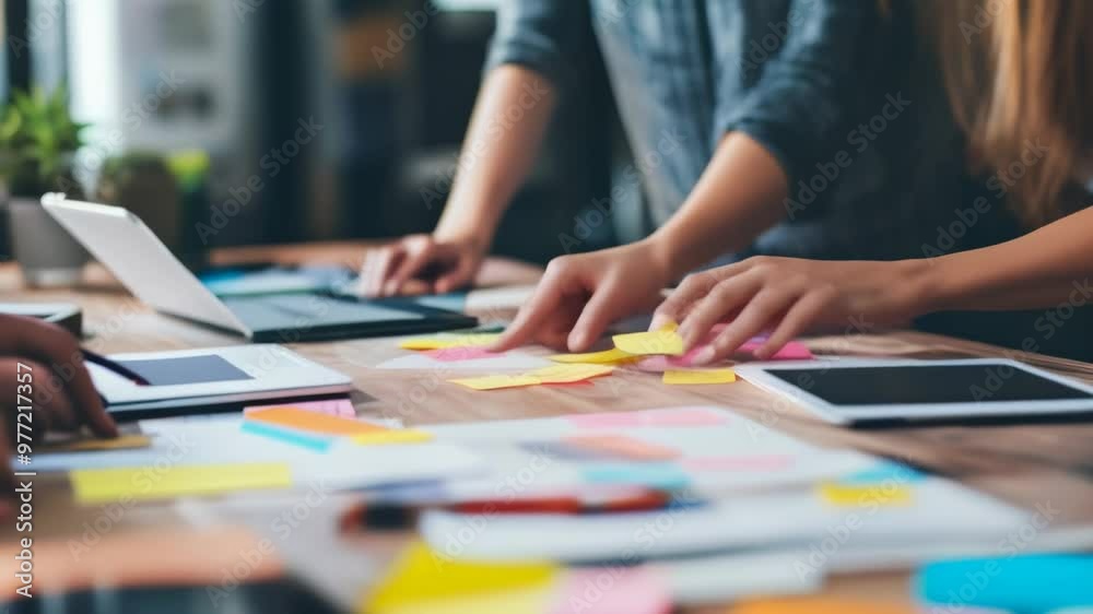 Aufkleber Creative brainstorming session with hands placing sticky notes on a table surrounded by laptops and tablets. Perfect for teamwork and project planning.