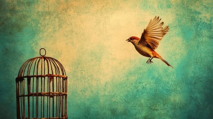 Fototapeta premium A bird in mid-flight above a cage, illustrating freedom, escape, and the pursuit of independence.