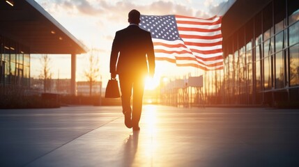 A dramatic image of a voter silhouetted against a bright backdrop of stars and stripes