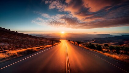 Stunning Sunrise Over Serene Mountain Highway Landscape