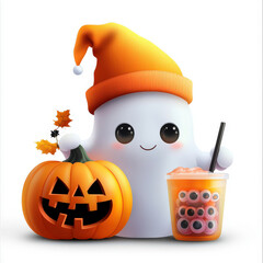 Smiling Halloween pumpkin with a hat, cartoon-style jack-o-lantern, and festive decorations, perfect for autumn and holiday themes