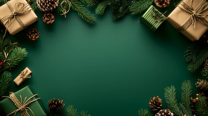 Christmas background with green gift boxes, pine cones, and spruce branches on a dark green surface. Flat lay, top view. Christmas card concept. New Year's decoration border frame design mock-up templ