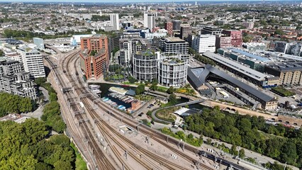 Railway lines and Gasholder park London Kings Cross drone,aerial ..