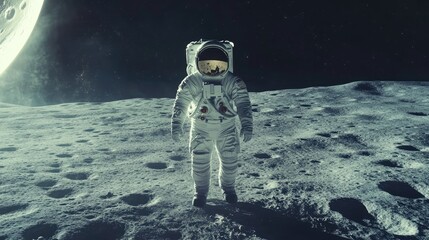 A brave astronaut walks across the surface of the moon, capturing the sense of exploration and adventure in outer space