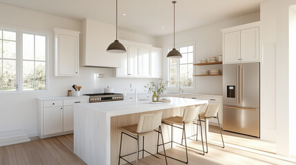 Fototapeta premium Bright minimalist kitchen with white cabinets and large central island