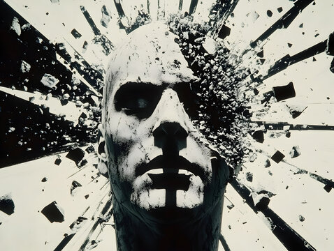 Exploding head with shattering debris

