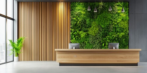 Contemporary office reception with a large vertical garden and minimalist design, featuring a wooden desk and soft lighting, perfect for branding or mockup, copy space, selective focus