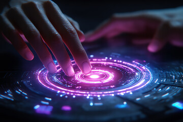 A close-up of a hand interacting with a futuristic, glowing interface featuring vibrant neon colors.