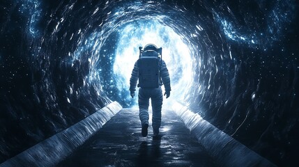 Futuristic space astronaut emerging from glowing time loop - conceptual 3d illustration