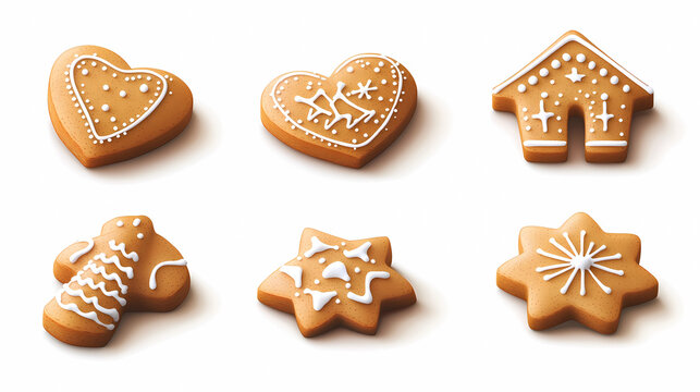 
Set of gingerbread cookies isolated on a white background, in the shapes of a house, heart, star, and tree, with a red glaze and golden sprinkles. Cartoon vector illustration design element for Chris