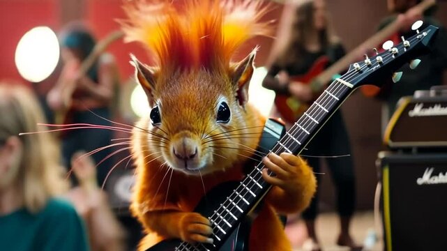 Rockstar Squirrel Jamming on Stage During a Concert Night Generative AI