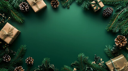 Christmas background with green gift boxes, pine cones, and spruce branches on a dark green surface. Flat lay, top view. Christmas card concept. New Year's decoration border frame design mock-up templ