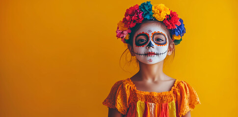 Photo of a child with face painting in the style of Day of the Dead, wearing colorful flowers on her head and looking at the camera, isolated on a yellow background with copy space area.