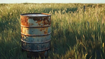 Obraz premium A beautifully lit, ultra-realistic image of a weathered, rusted 55-gallon oil drum in a rugged outdoor environment