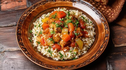 Photorealistic image of a simple, budget-friendly meal served on a rustic plate in a foreign country, featuring warm tones and authentic presentation.