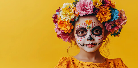 Photo of a child with face painting in the style of Day of the Dead, wearing colorful flowers on her head and looking at the camera, isolated on a yellow background with copy space area.
