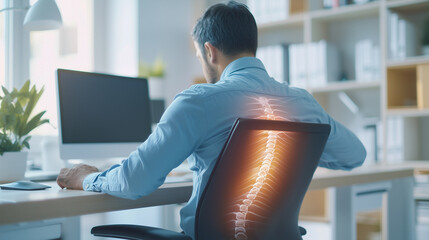 person sitting at a desk with a noticeable slouch or poor posture. Highlight the discomfort by showing the individual rubbing their lower back or leaning forward. The office setup