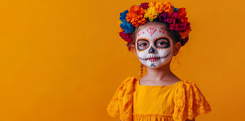 Photo of a child with face painting in the style of Day of the Dead, wearing colorful flowers on her head and looking at the camera, isolated on a yellow background with copy space area.