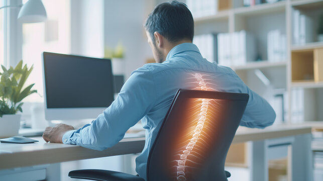 person sitting at a desk with a noticeable slouch or poor posture. Highlight the discomfort by showing the individual rubbing their lower back or leaning forward. The office setup