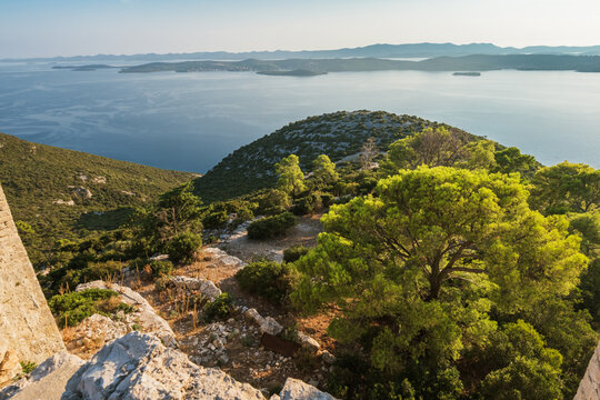 View on islands from ruins of St Michel fortress on the hill above the town Preko, island Ugljan, Croatia