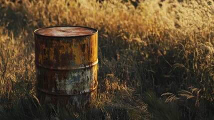 Obraz premium A beautifully lit, ultra-realistic image of a weathered, rusted 55-gallon oil drum in a rugged outdoor environment
