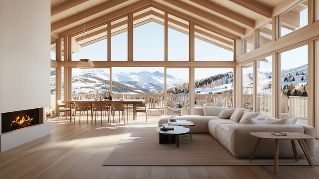 Modern chalet living room with large windows, mountain views, and wooden interiors